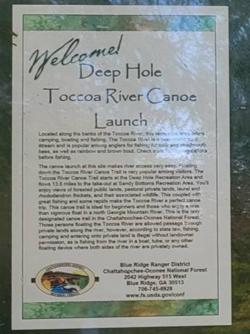 Welcome sign at Deep Hole Toccoa River Canoe Launch in the Chattahoochee National Forest