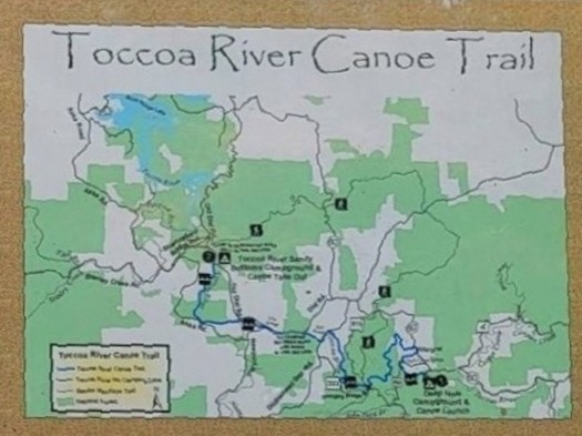 Toccoa River Canoe Trail map showing the 13.8-mile route from Deep Hole to Sandy Bottom Recreation Area